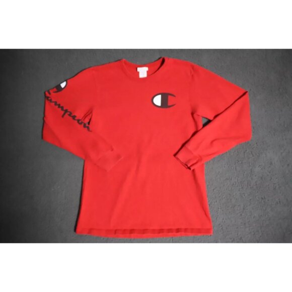 Vintage Champion Sweatshirt Mens M Red Knit Spell Out Signature Logo Embroidered - Picture 2 of 10